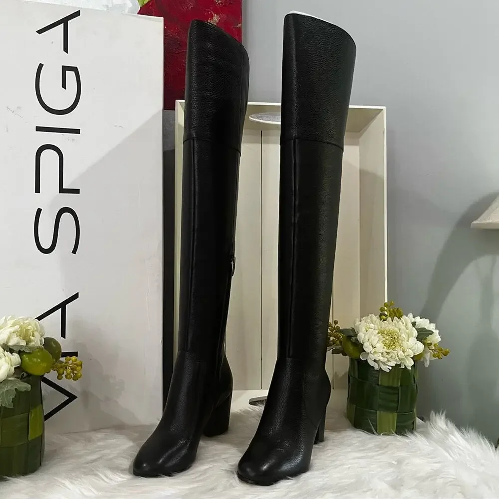NEW Via Spiga Pebbled Leather Over The Knee OTK Chunky Heel Almond Boots 5.5 NIB